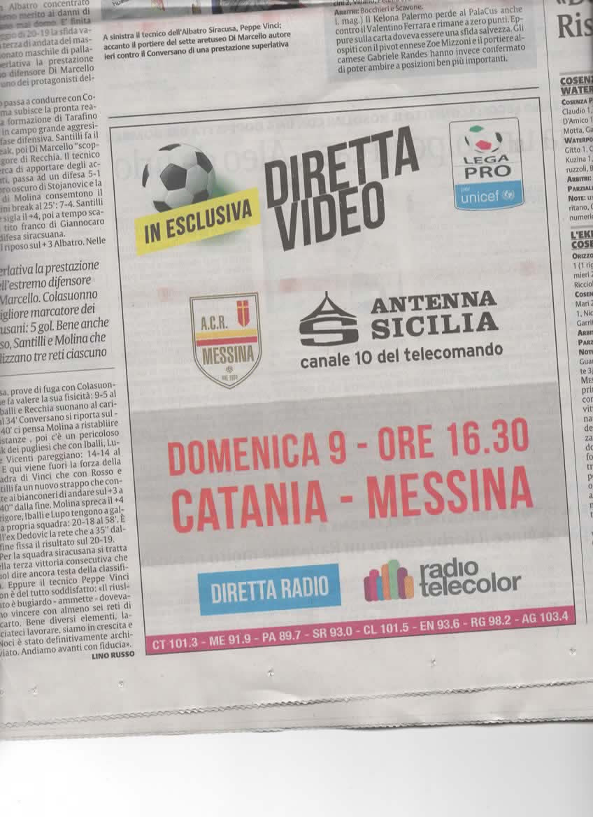 Diretta Video Catania-Messina su Antenna Sicilia Domenica 9 Ottobre 16.30