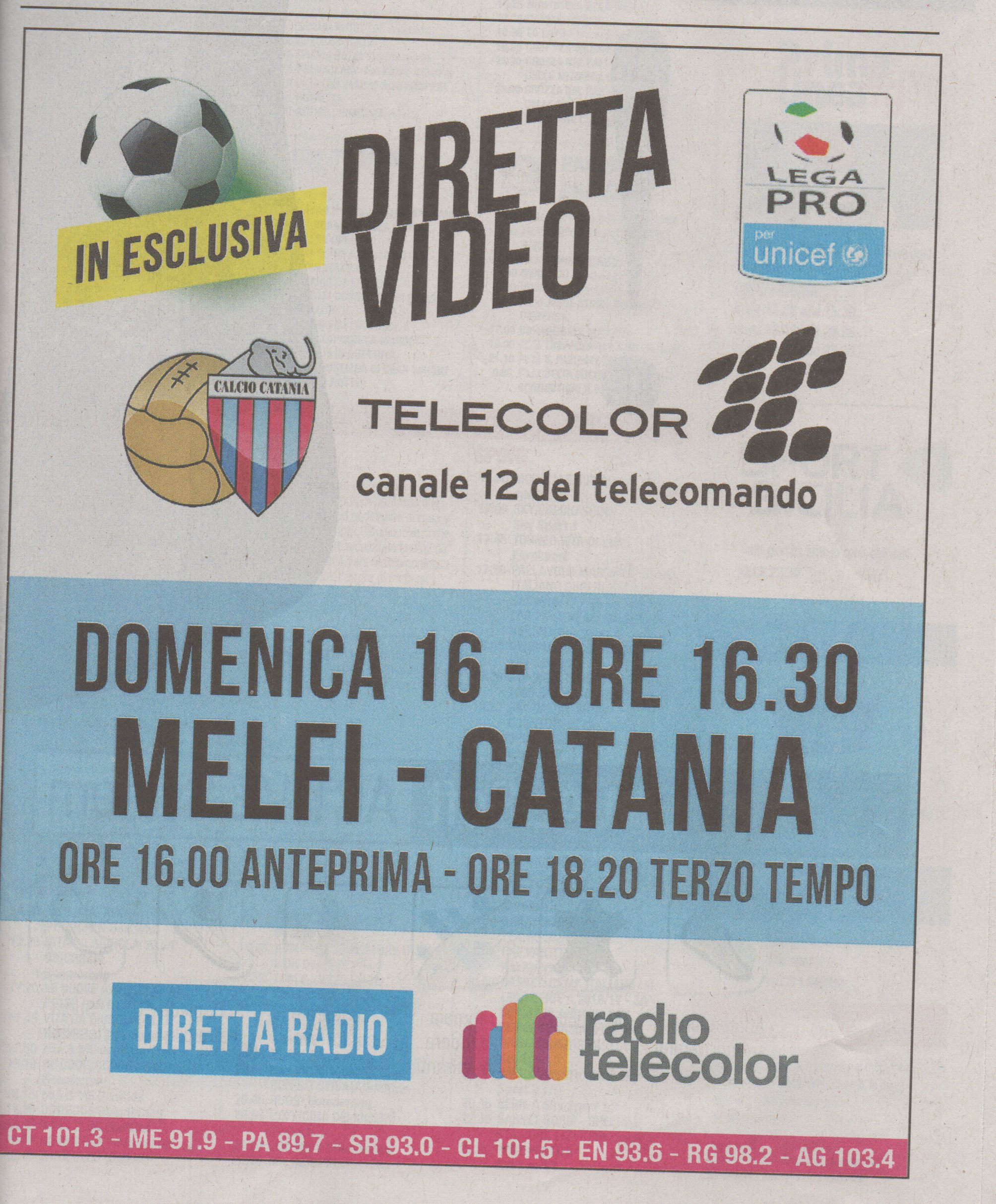 Diretta Telecolor Melfi-Catania Domenica 16 alle 16.30