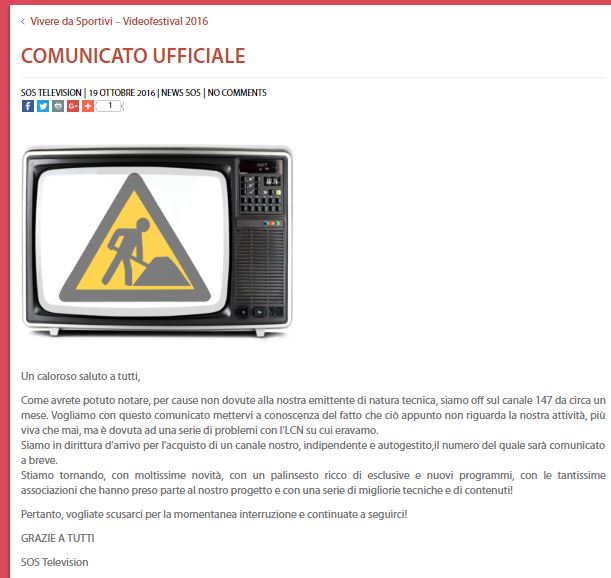 Rettifica: SOS Television Non Chiude ma Tornerà Presto