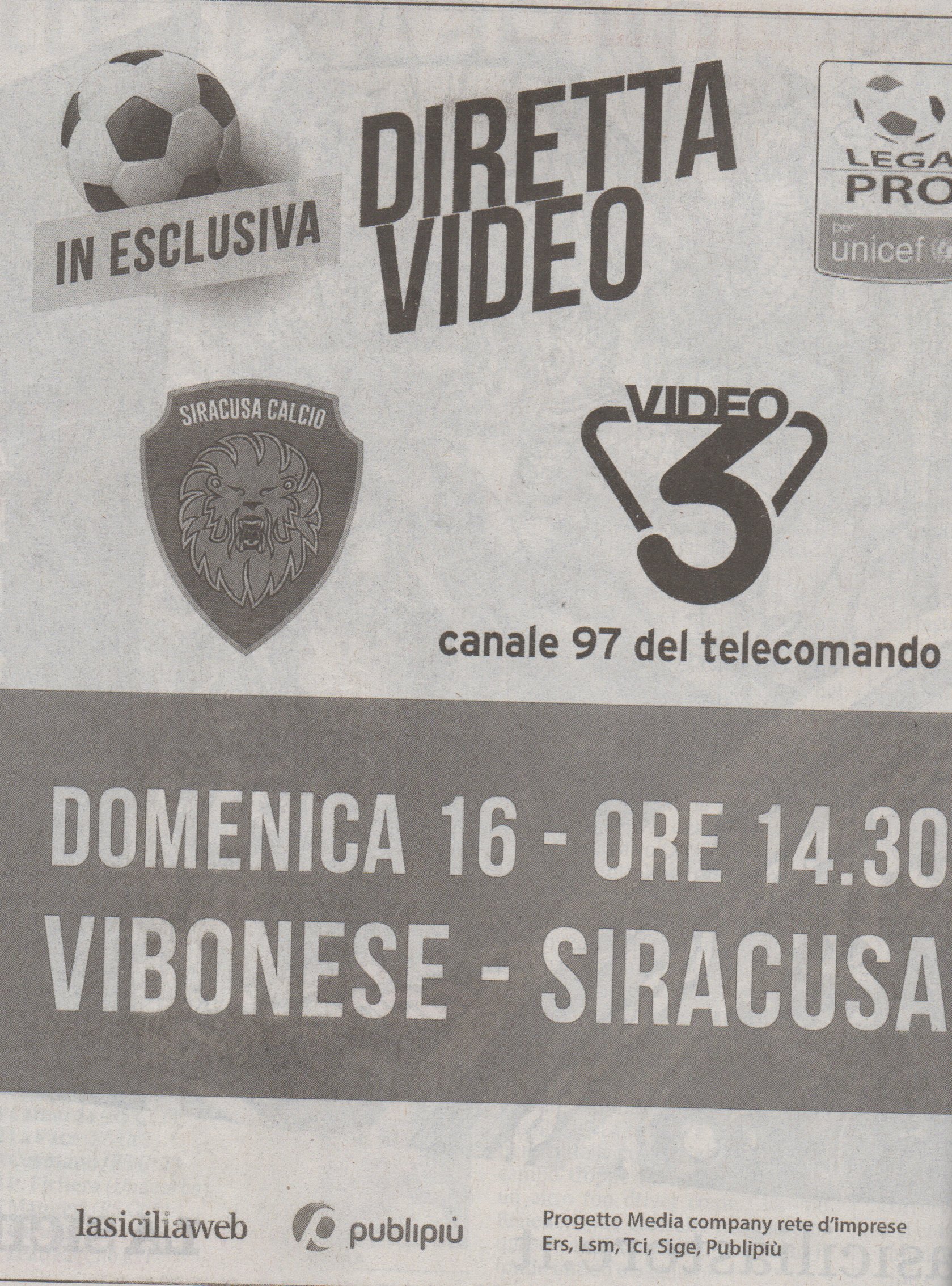 Diretta Video 3 Vibonese-Siracusa Domenica 16 alle 14.30