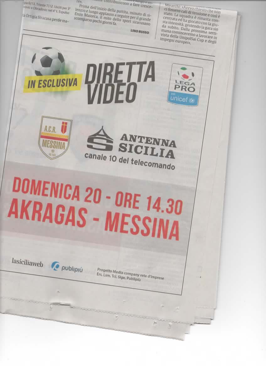 Akragas-Messina Diretta Antenna Sicilia Domenica 20 Ore 14.30