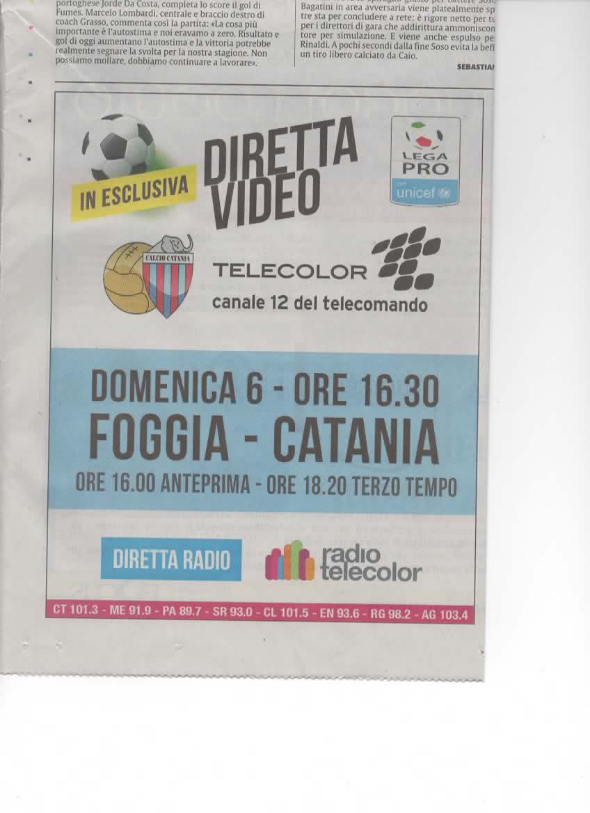 Foggia-Catania Diretta Telecolor Domenica 6 Alle 16.30