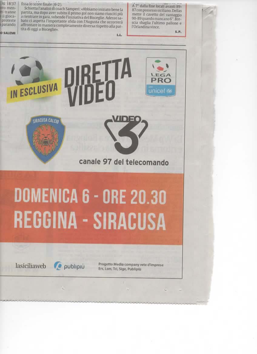 Diretta Tv Regina-Siracusa su Video 3 Domenica 6 Alle 20.30