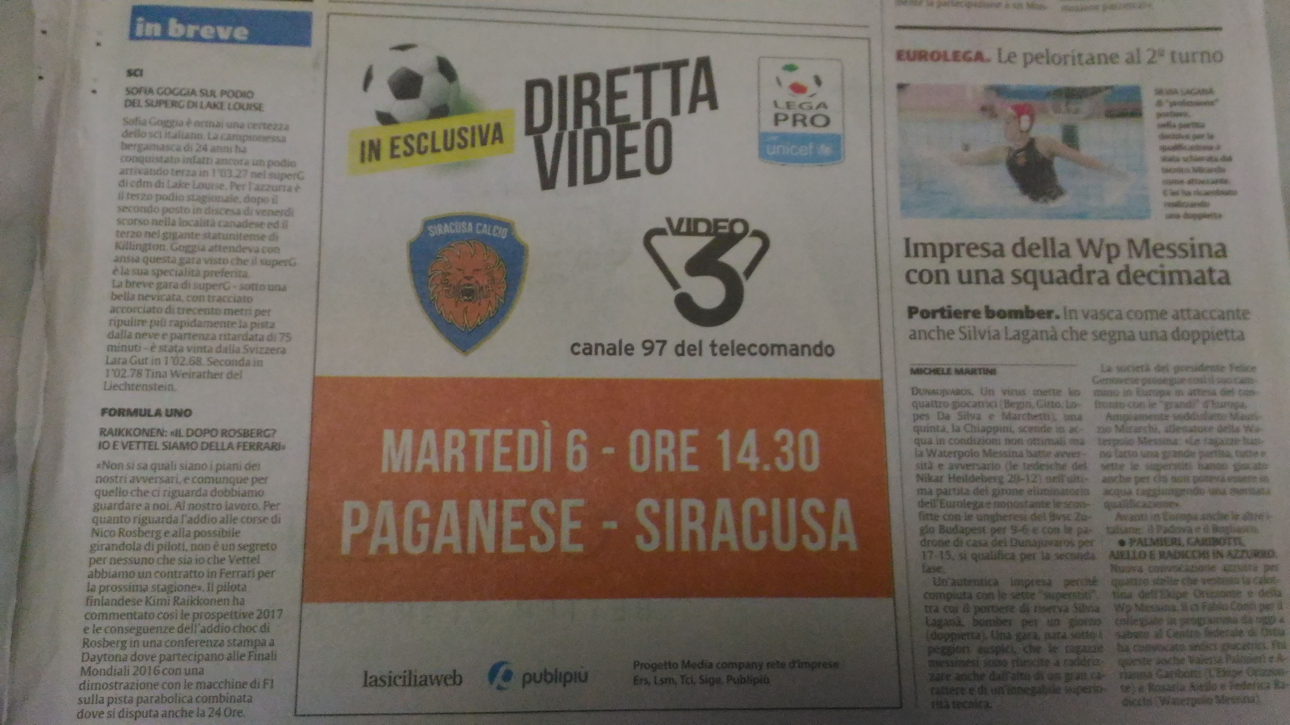 Diretta Video 3 Paganese-Siracusa Martedì 6 ore 14.30