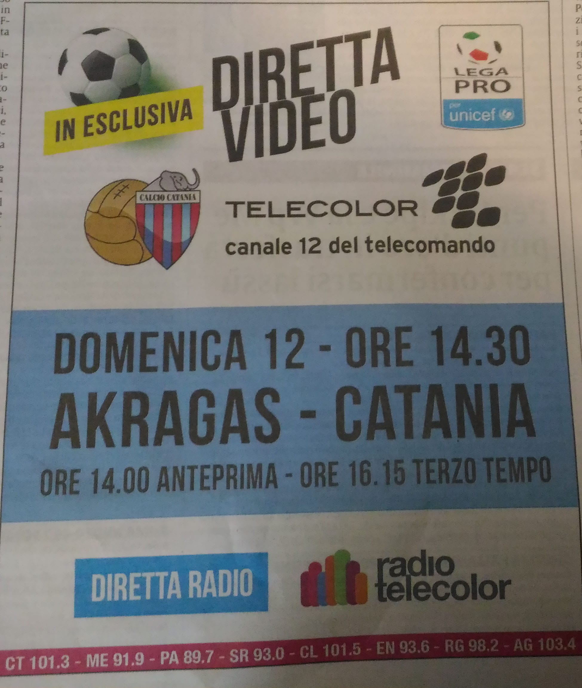 Akragas-Catania diretta Telecolor Domenica 12 febbraio ore 14.30